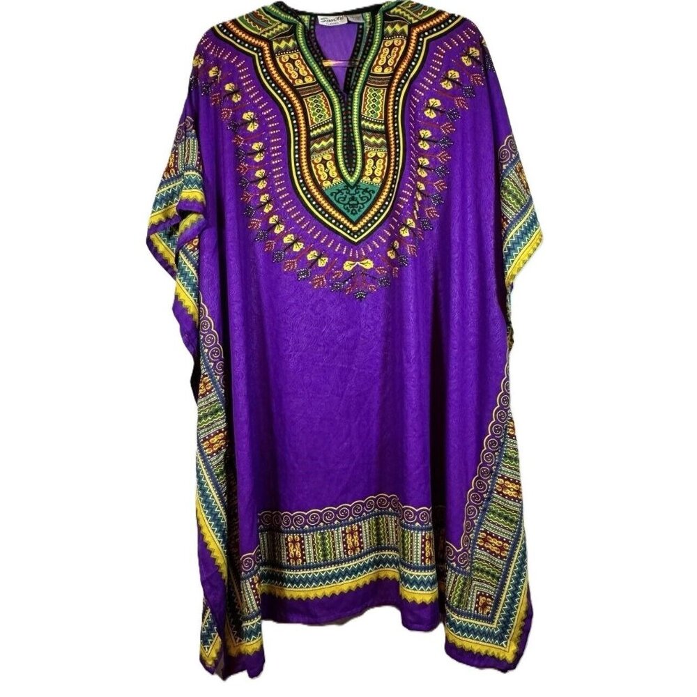 Sante Classics Colorful Gold Bead Purple V-neck Kaftan One Size